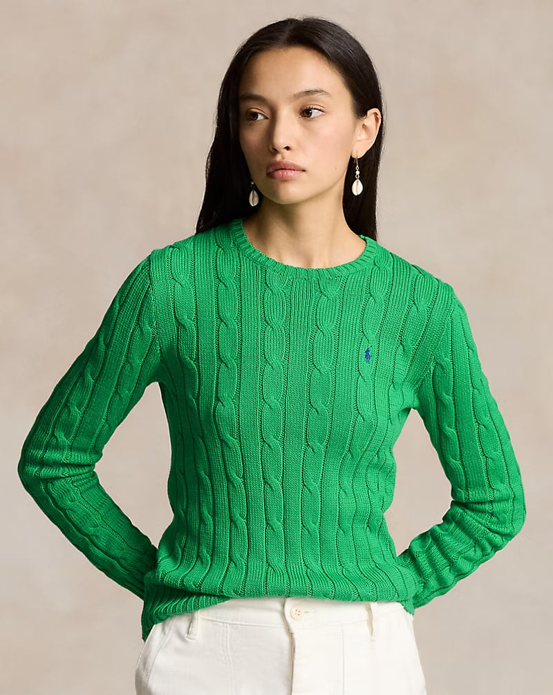 Cable-Knit Cotton Crewneck Sweater - - Green