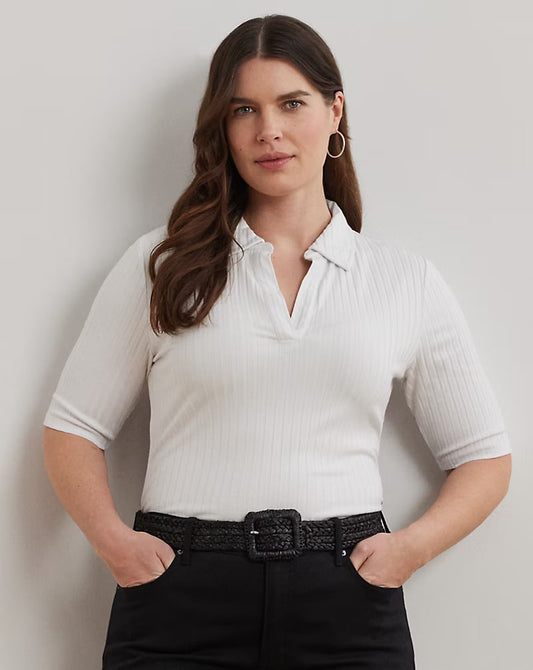 Rib-Knit Elbow-Sleeve Polo Tee - - White