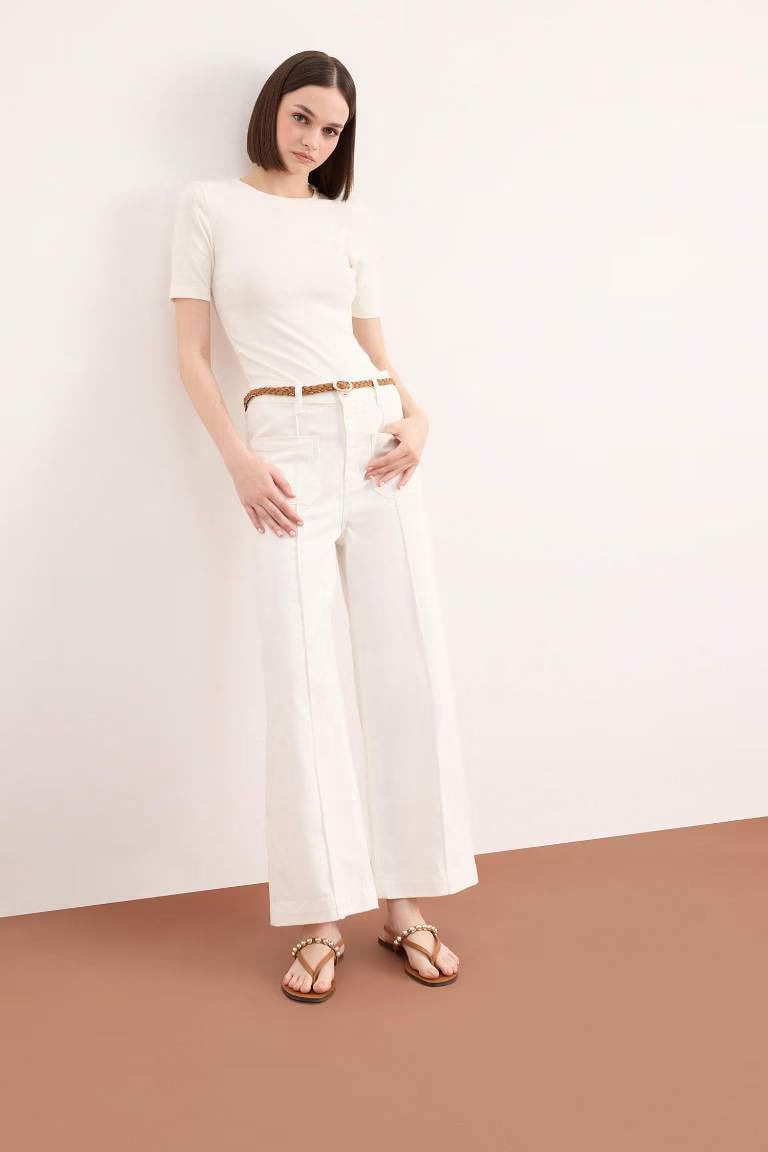 Regular Fit Pocketed High Waist Gabardine Trousers - - cream