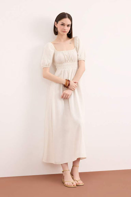 Square Collar Linen Blend Short Sleeve Midi Dress - - Beige