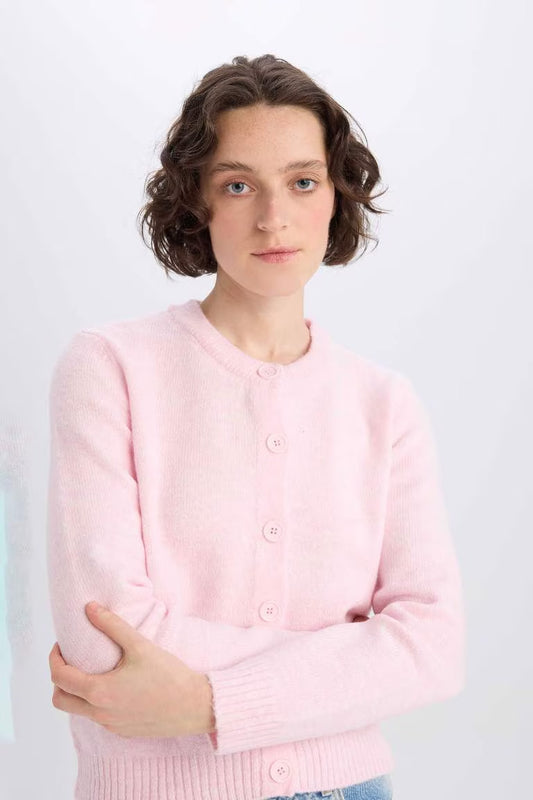Regular Fit Crew Neck Basic Button Knitwear Cardigan - - Pink