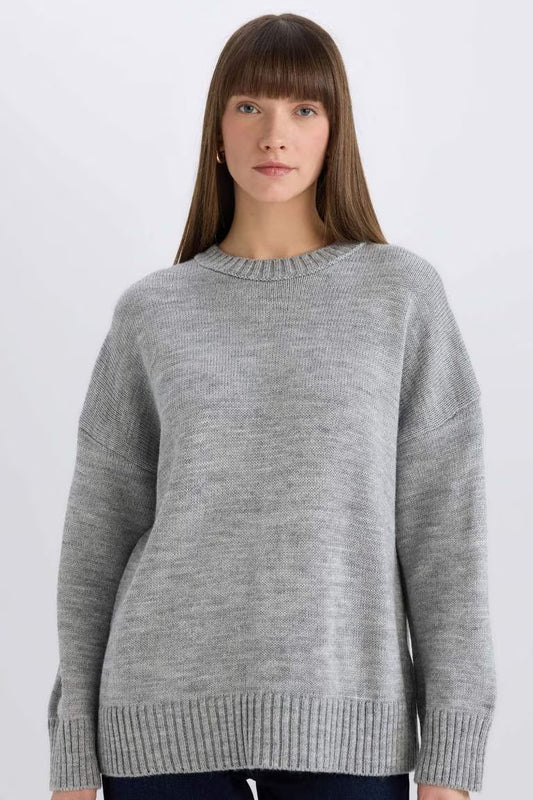 Oversize Fit Crew Neck Basic Knitted Pullover - - Heather