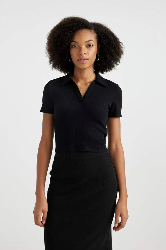 Slim Fit Polo Collar Camisole Short Sleeve T-Shirt - - Black