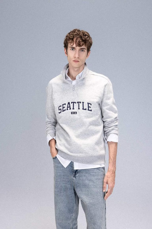 Relax Fit Zippered Stand Collar Printed Thick Sweatshirt - -