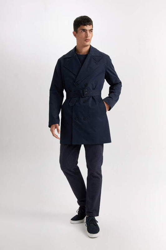 Slim Fit Buttoned Belted Trench Coat - - Navy