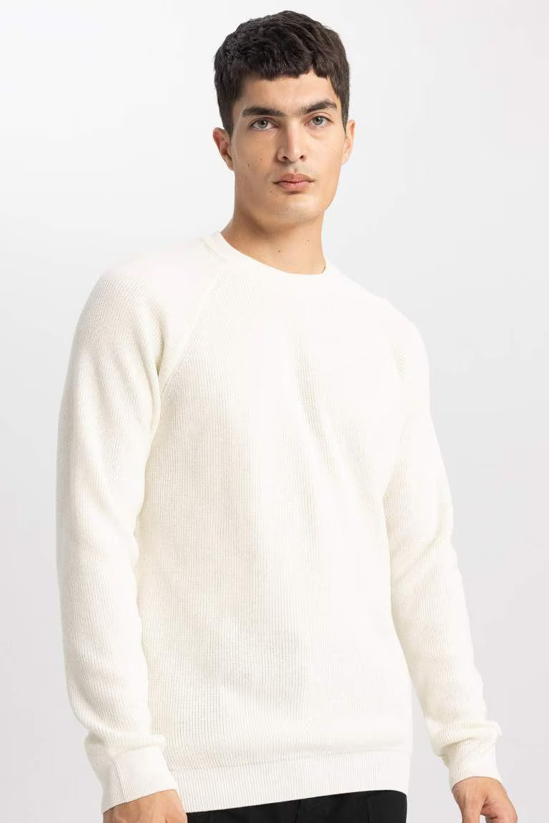 Standard Fit Crew Neck Basic Knitted Pullover - - Ecru