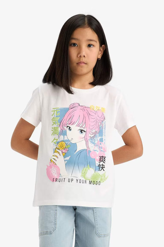 Girl Regular Fit Crew Neck Anime Printed T-Shirt - - White