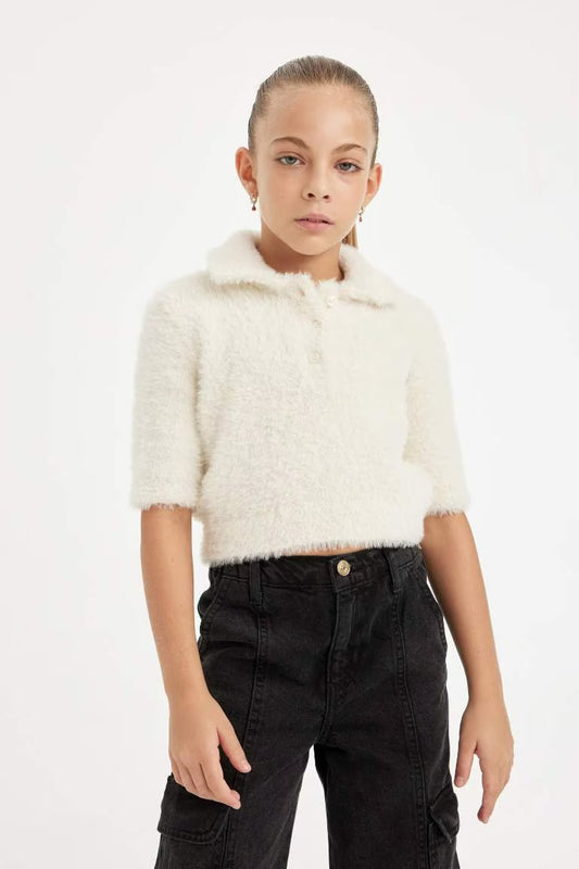 Girl Regular Fit Polo Neck Soft Textured Knitted Pullover - -