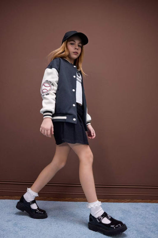 Girl Printed College Collar Soft Furry Inside Bomber Jacket - -