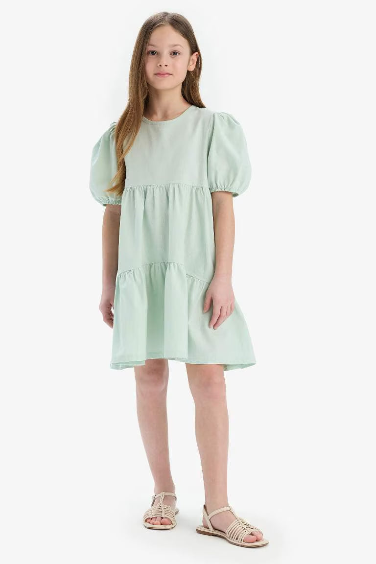 Girl Crew Neck Cotton Short Sleeve Red Dress - - light mint