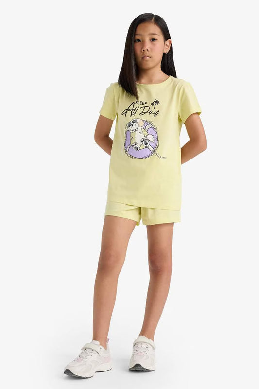 Girl Printed Short Sleeve Top Shorts 2 Piece Pajama Set - -