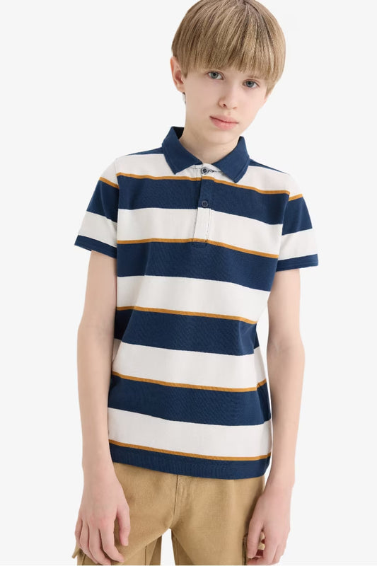 Boy Striped Pique Short Sleeve Polo Shirt - -