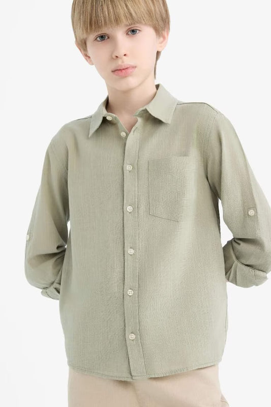 Boy Polo Neck Linen Look Long Sleeve Shirt - -