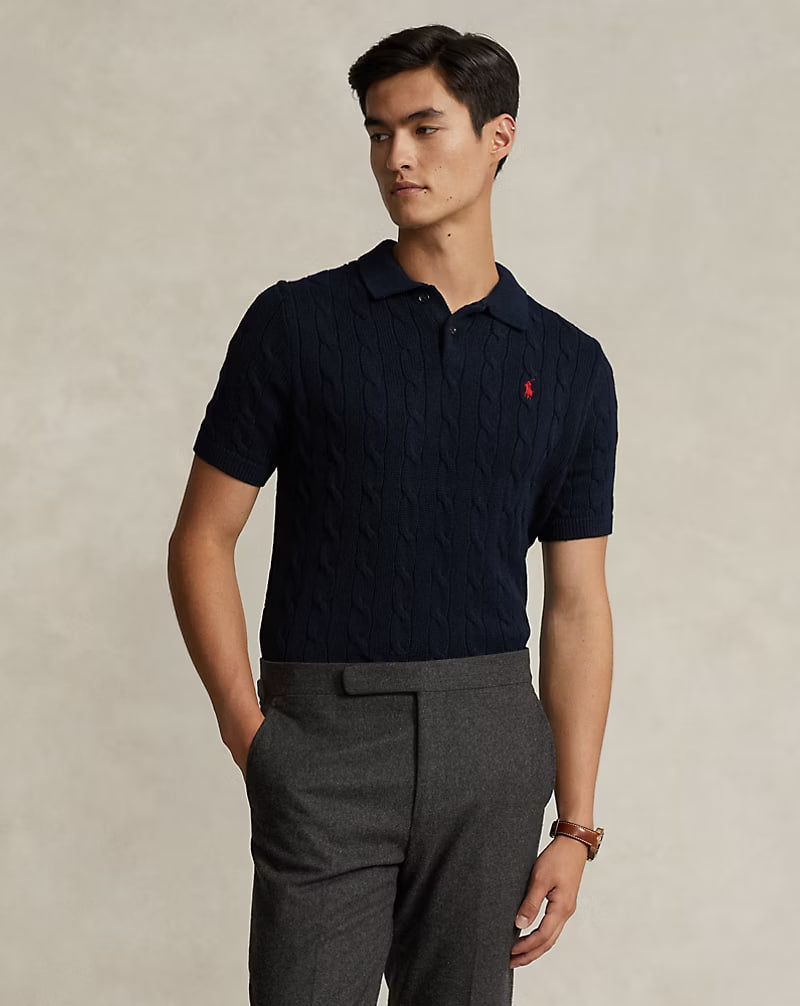 Cable-Knit Cotton Polo-Collar Sweater - - Navy