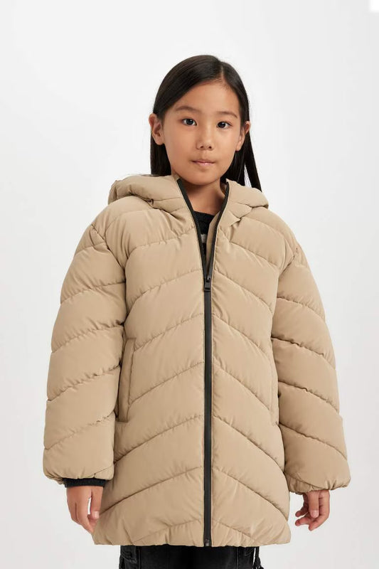 Girl Hooded Waterproof Puffer Jacket - - Beige
