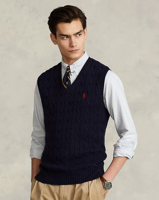Cable-Knit Cotton Sweater Vest - - Navy