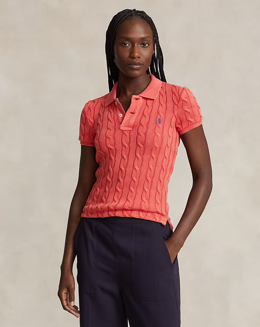 Cable-Knit Polo Shirt - - Spring Red