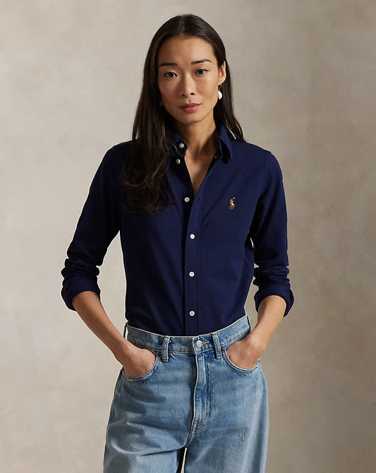 Slim Fit Knit Cotton Oxford Shirt - - Navy