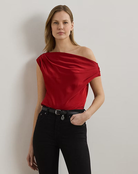 Satin Charmeuse Off-the-Shoulder Blouse - - Red