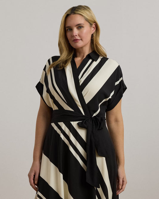 Striped Belted Crepe Dress - - Striped