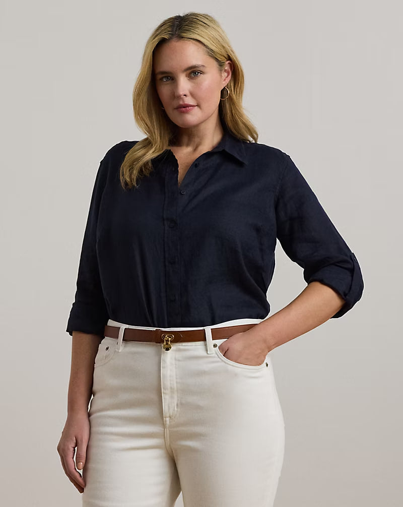 Relaxed Fit Linen Roll Tab–Sleeve Shirt - - Navy