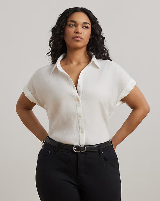 Relaxed Fit Linen Short-Sleeve Shirt - - White