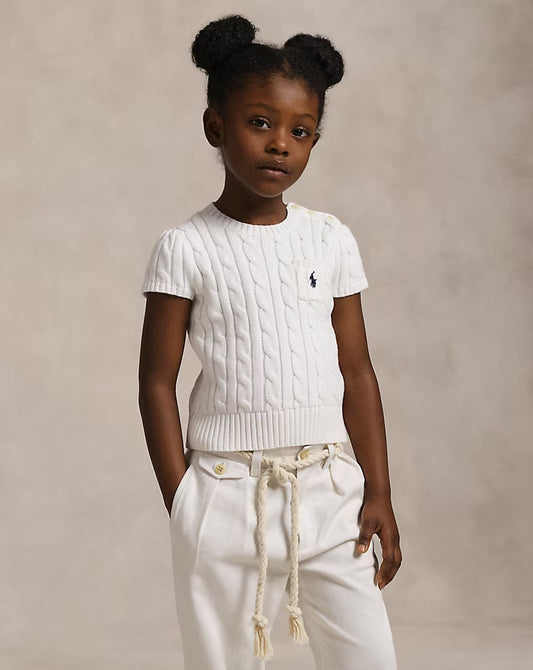Cable-Knit Cotton Short-Sleeve Sweater 2-6 - - White
