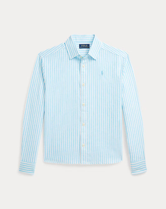 Striped Linen-Cotton Boxy Shirt 7-16 girls - - Blue