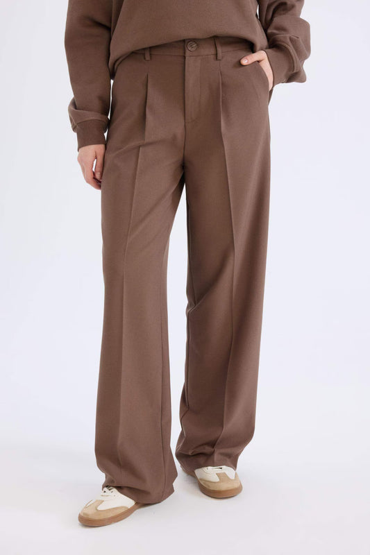 Basic Double Pocketed High Waist Wide Leg Classic Fabric Trousers - - Brown