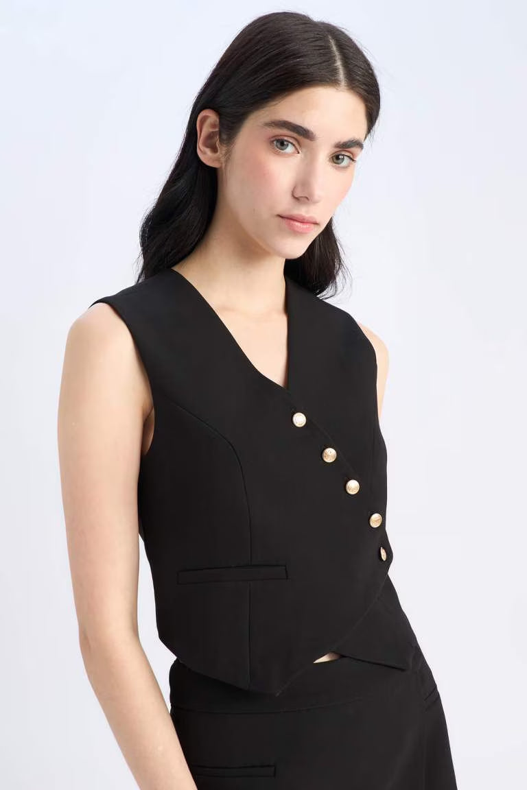 Asymmetric V-Neck Vest - - Black