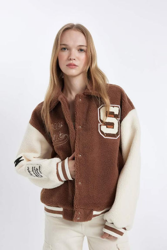 Coool Oversize Fit Plush Bomber Jacket - - Brown
