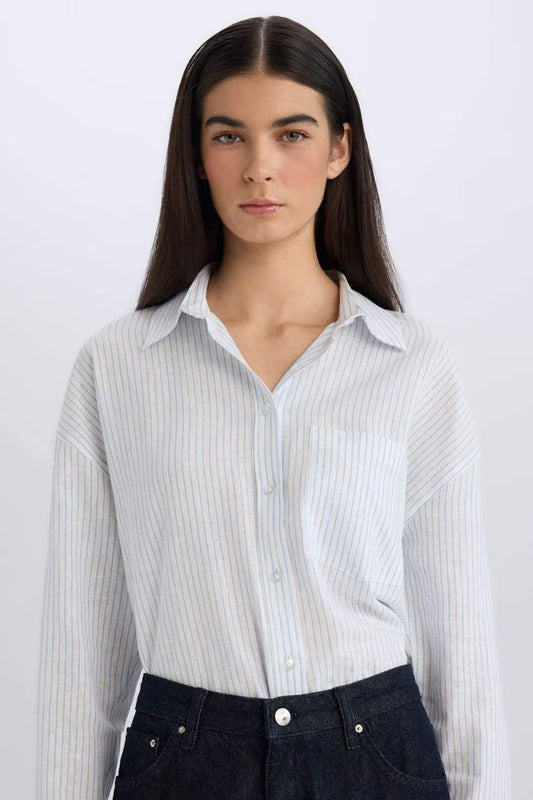 Oversize Fit Shirt Collar Linen Blend Long Sleeve Shirt - - White