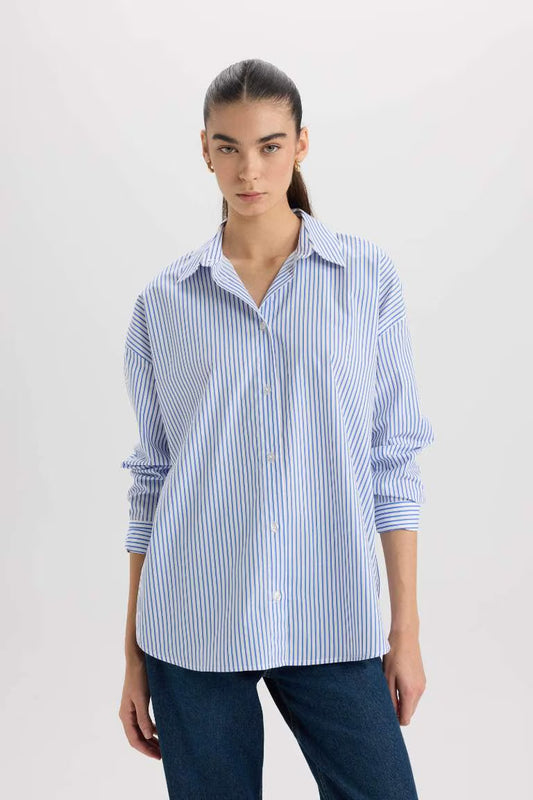 Oversize Fit Shirt Collar Poplin Long Sleeve Shirt - - sky