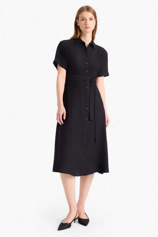 Shirt Collar Belted Short Sleeve Red Midi Dress - - Black