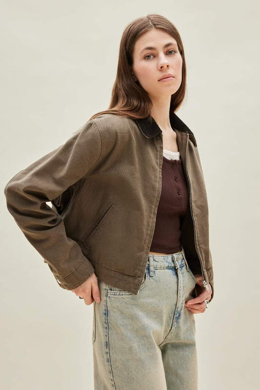 Regular Fit Polo Collar Cotton Jacket - - Dark khaki