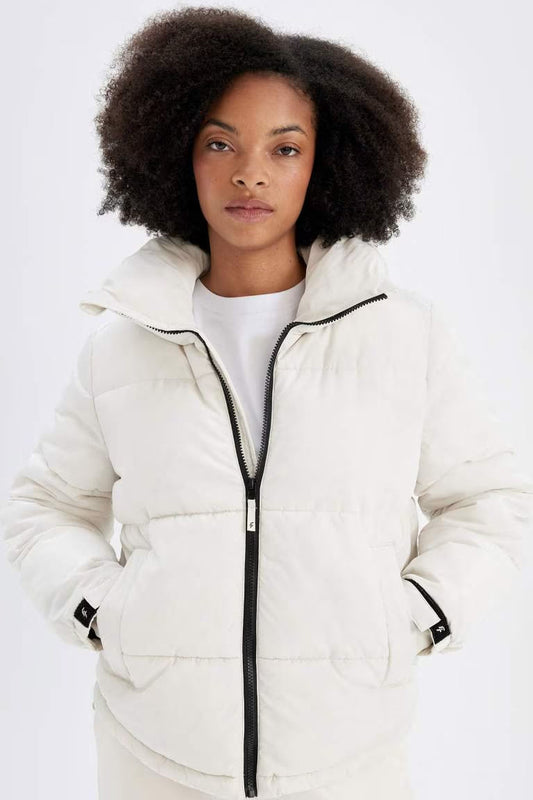 DeFactoFit Waterproof Stand Collar Zippered Puffer Jacket - - Ecru