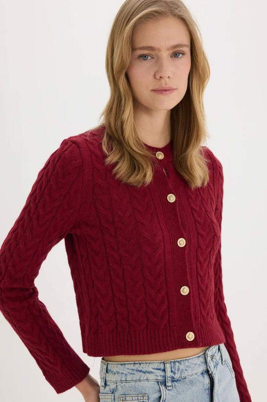 Regular Fit Crew Neck Knitted Buttoned Knitwear Cardigan - - bordeaux