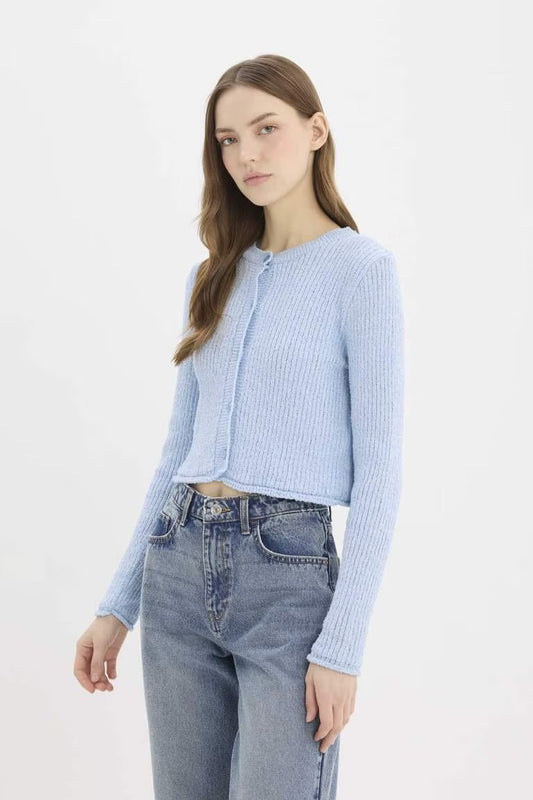 Slim Fit Crew Neck Buttoned Knit Cardigan - - sky