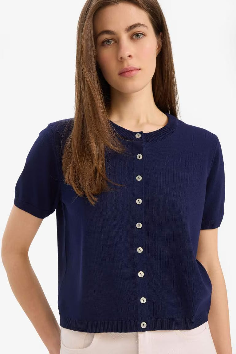 Regular Fit Crew Neck Basic Knitted Cardigan - - Navy