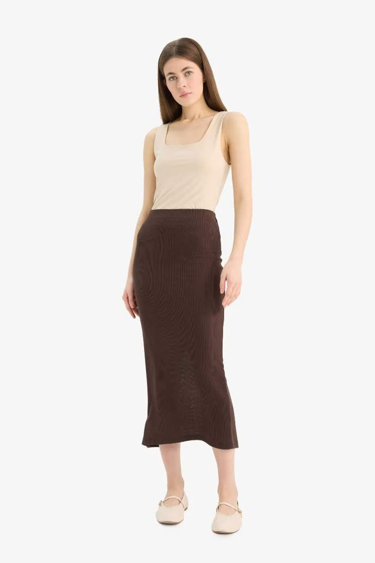 High Waist Combed Cotton Lining Ribbed Midi Skirt - - Brown