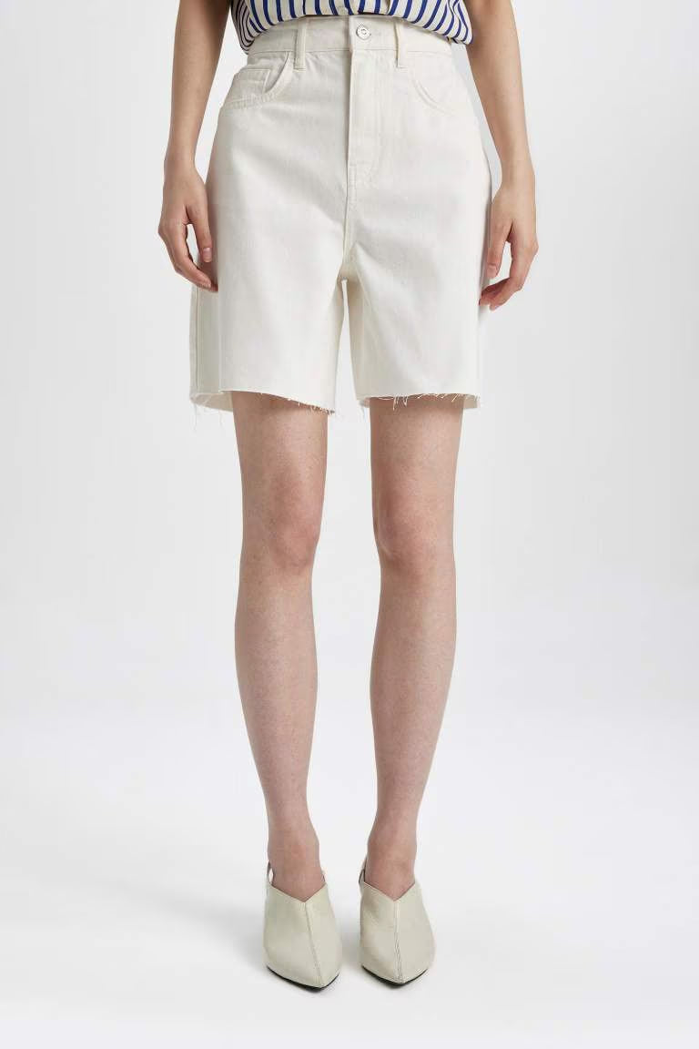 High Waist Denim Bermuda - -