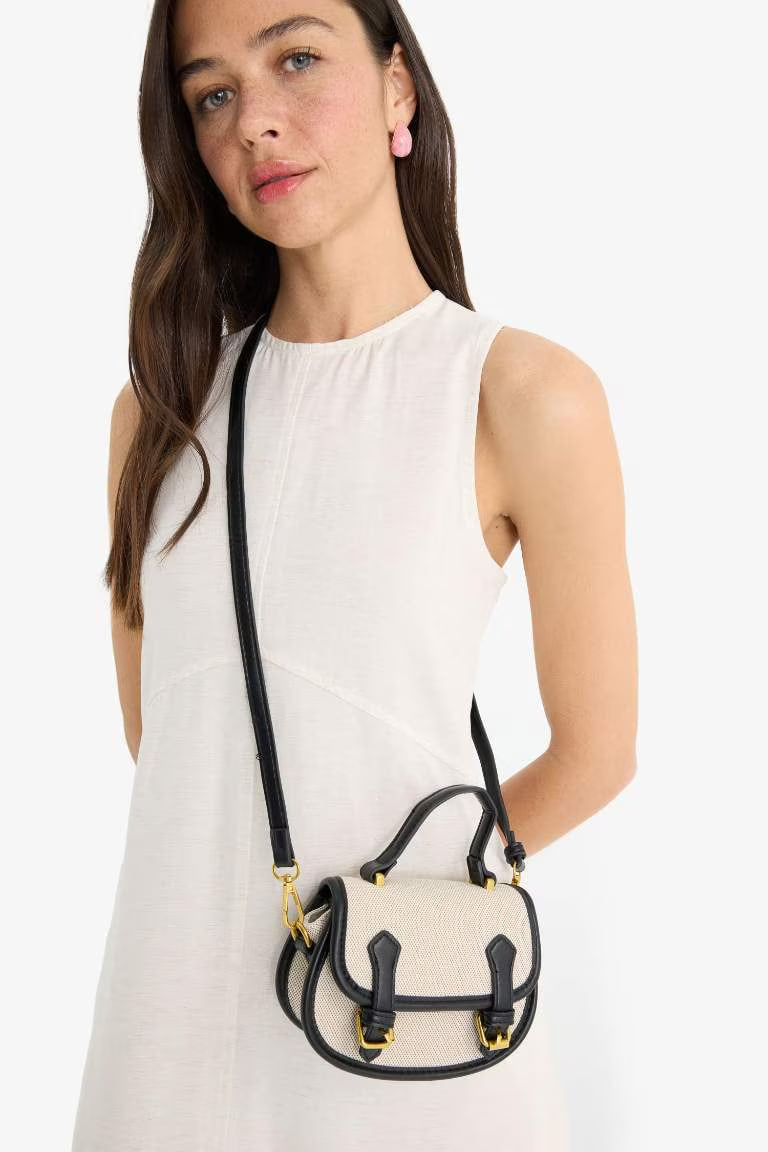 Woman Canvas Look Faux Leather Shoulder Bag - -