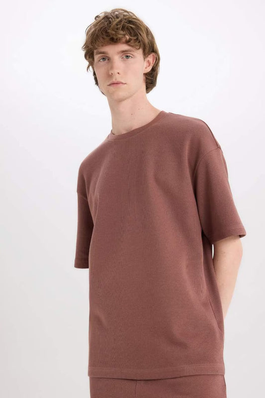 Cotton Boxy Fit Crew Neck Short Sleeve T-Shirt - - Brown