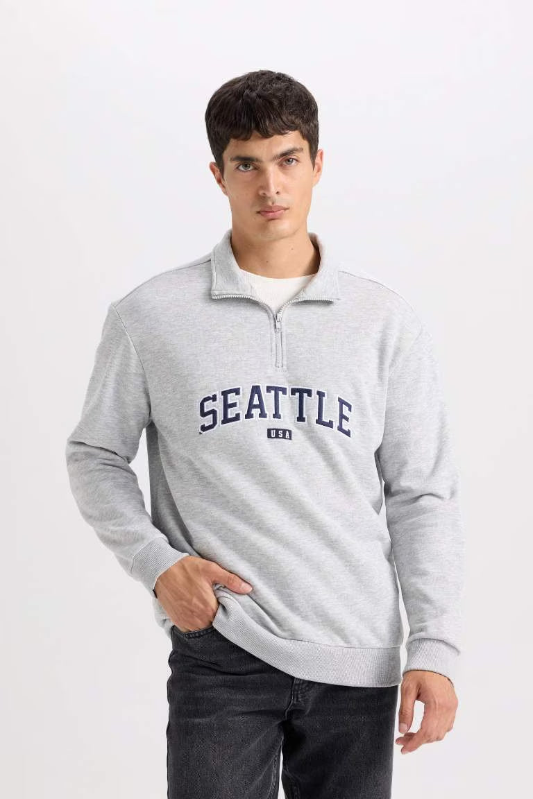 Relax Fit Zippered Stand Collar Printed Thick Sweatshirt - -