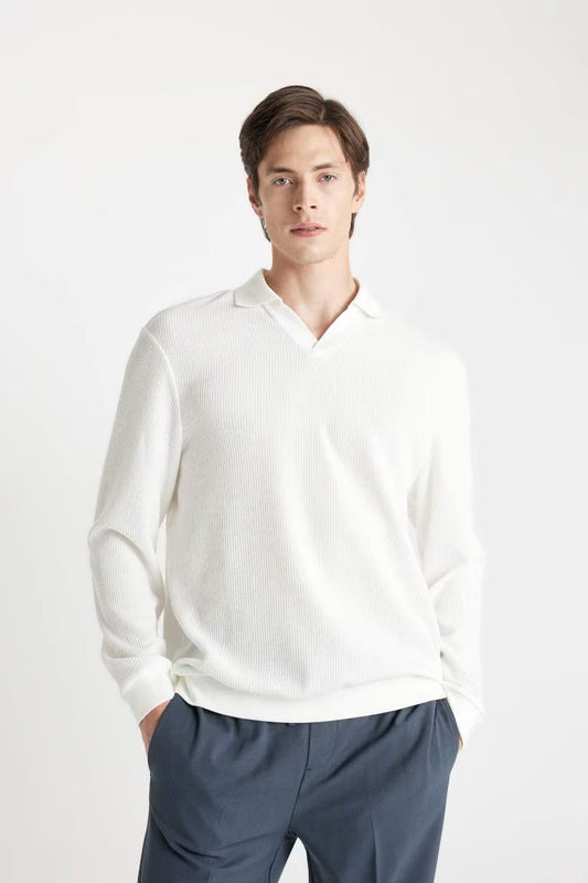 Regular Fit Polo Neck Jacquard Sweatshirt - - White