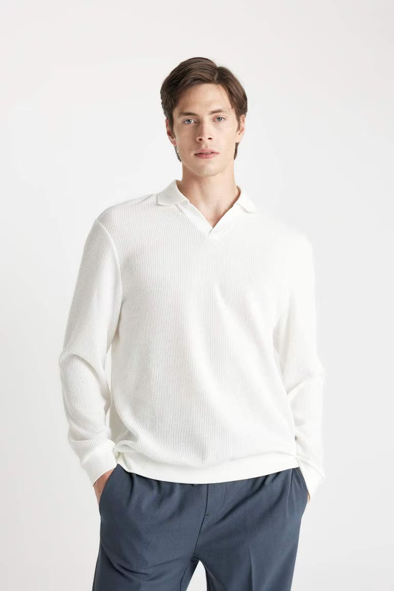 Regular Fit Polo Neck Jacquard Sweatshirt - - White