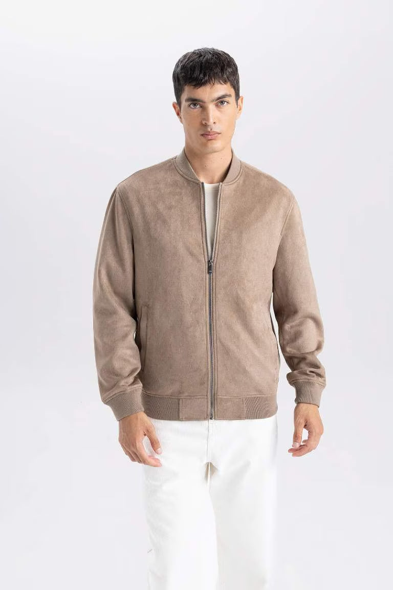 Slim Fit College Collar Zippered Suede Bomber Jacket - - Brown