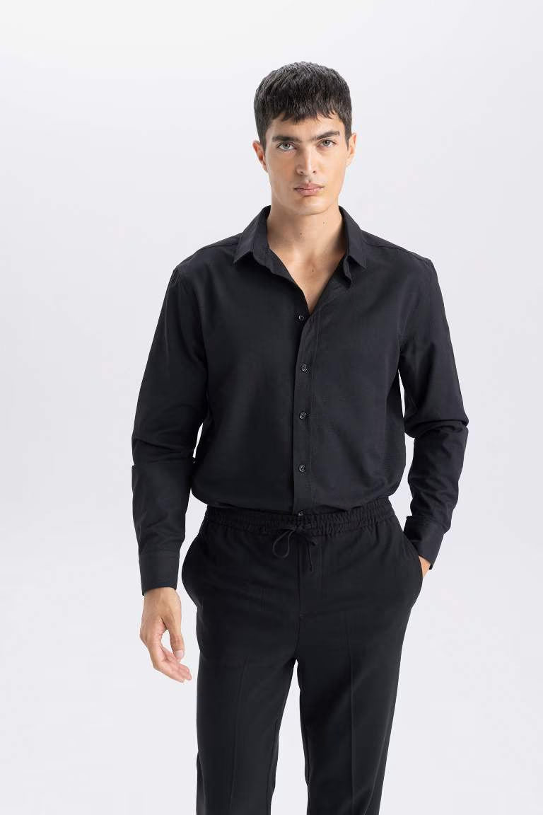 Modern Fit Polo Neck Textured Cotton Long Sleeve Shirt - - Black