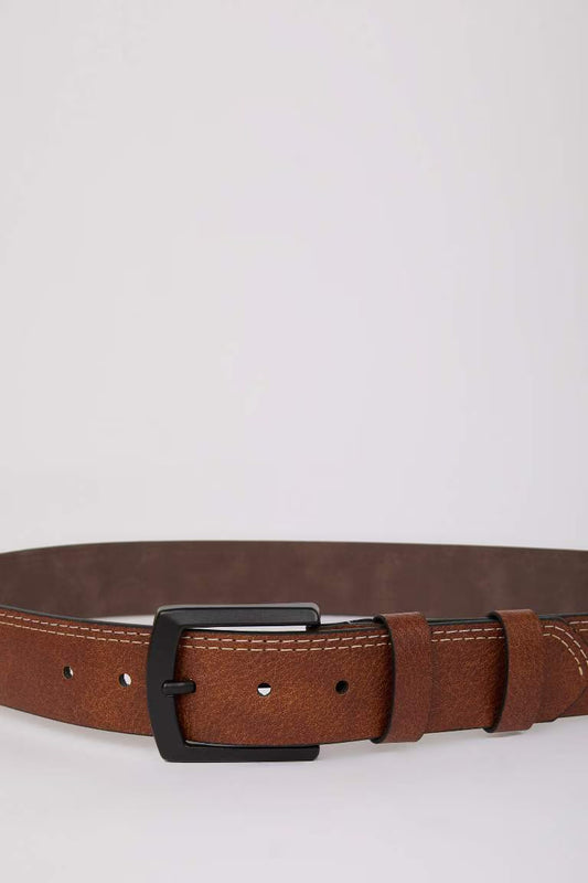 Man Square Buckle Faux Leather Casual Belt - -