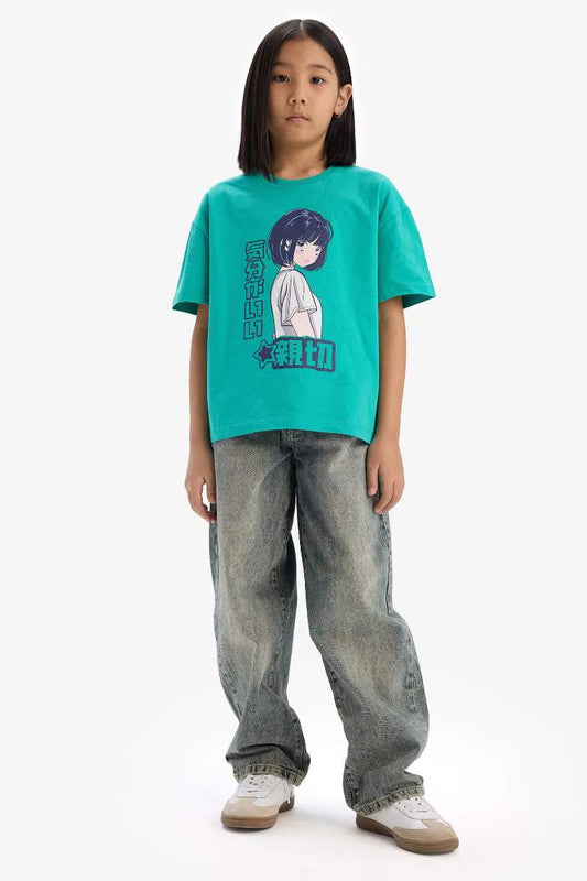 Girl Oversize Fit Crew Neck Slogan Printed T-shirt - - mint green